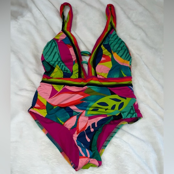 Trina Turk  Women's Standard Rainforest Plunge Hi Leg One Piece, Multi, Size 10 - Picture 13 of 16